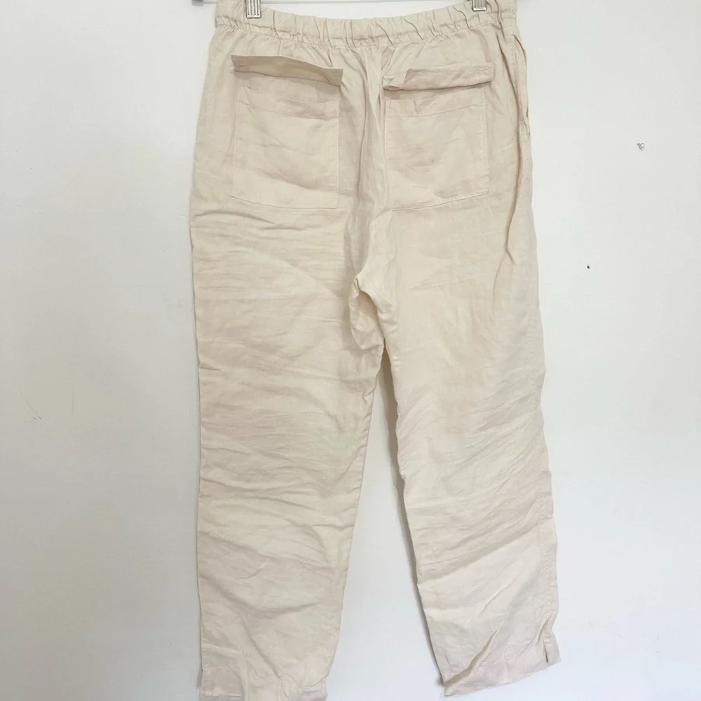 Zara Ivory Elastic Band Tie High Waisted Pants Size M boho Lagenlook linen blend